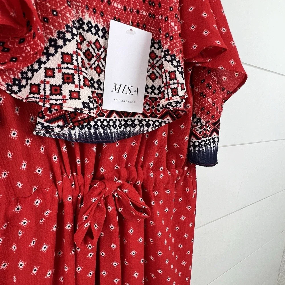 NWT‎ MISA Los Angeles Larsen Midi Dress Women XS Red Boho Cold Shoulder Ruffle